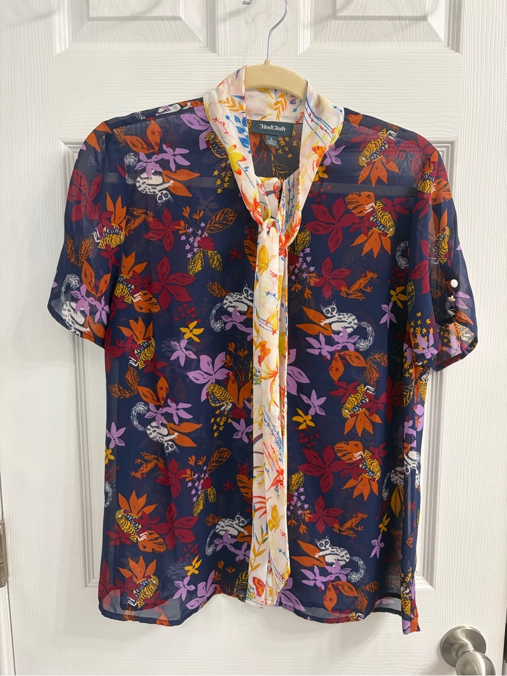 Modcloth Navy Floral Button-Down Shirt with Cream Tie